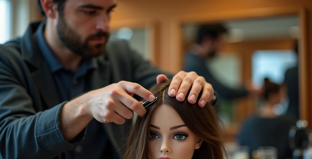 Coiffeur en formation technique sur tête d'étude