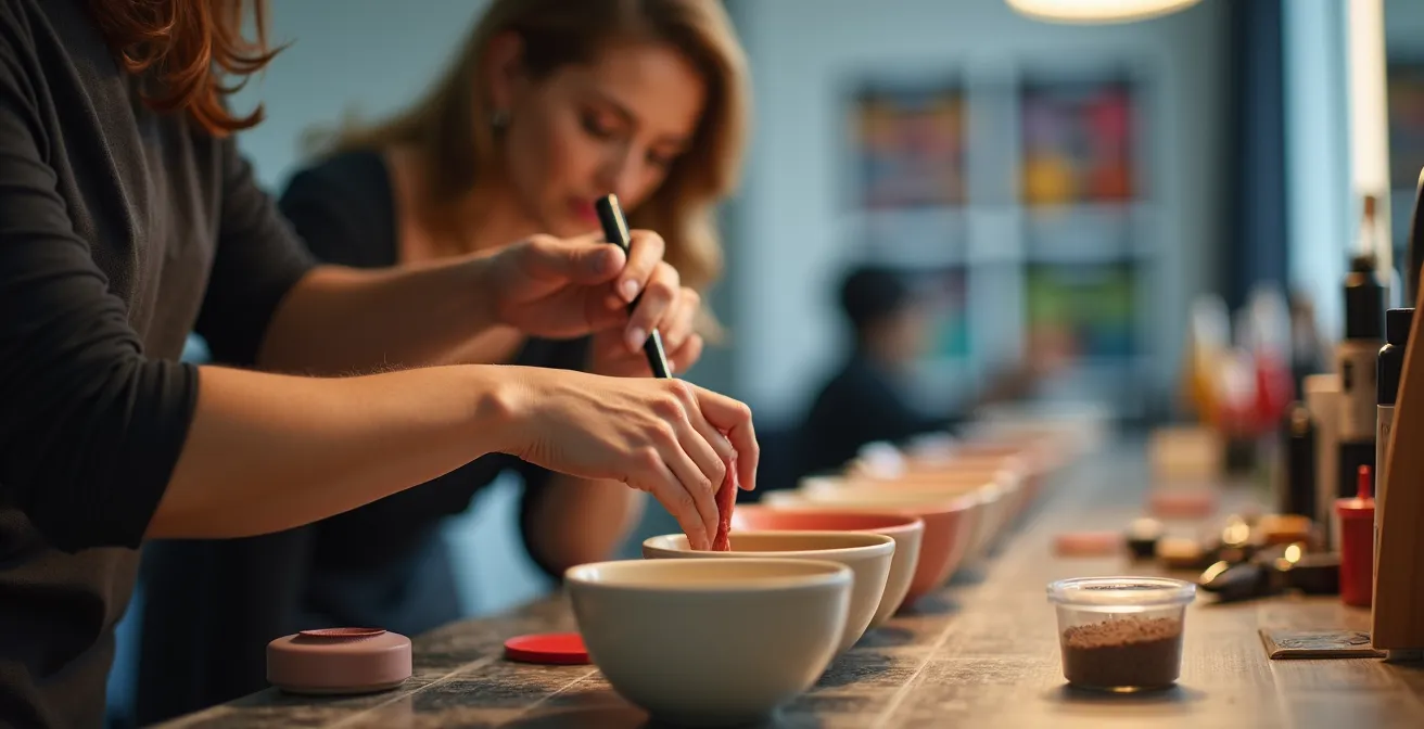 Mains de coloriste mélangeant des pigments professionnels pour créer une formulation sur-mesure