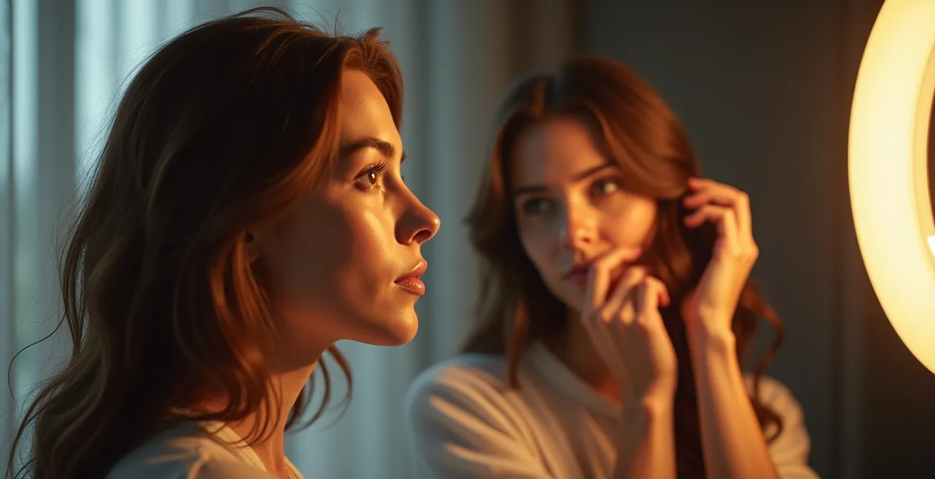 Femme contemplant son reflet dans un miroir après transformation capillaire
